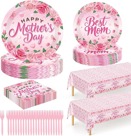 122 PCS Mothers Day Plates and Napkins Set, Serves for 30 Guests Pink Mother's Day Home Decor with Flowers, Disposable Paper Plates Napkins Plastic Forks Tablecloth for Best Mom Party Supplies