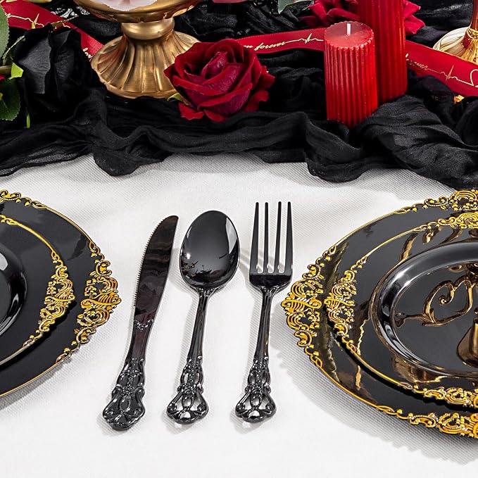 150PCS Black Plastic Silverware - Heavy Duty Disposable Cutlery Sets - Fancy Plastic Utensils Flatware Include 50 Forks, 50 Spoons, 50 Knives for Catering Dinners Wedding Party