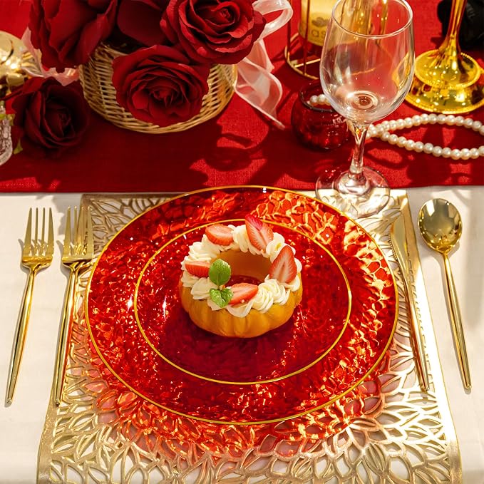 Rubtlamp 60 Pcs Red Plasitc Plates, Gold Red Disposable Plates, Fancy Party Plates, Hammered Plastic plates Include 30 Dessert Platos, 30 Dinner Platos for Party