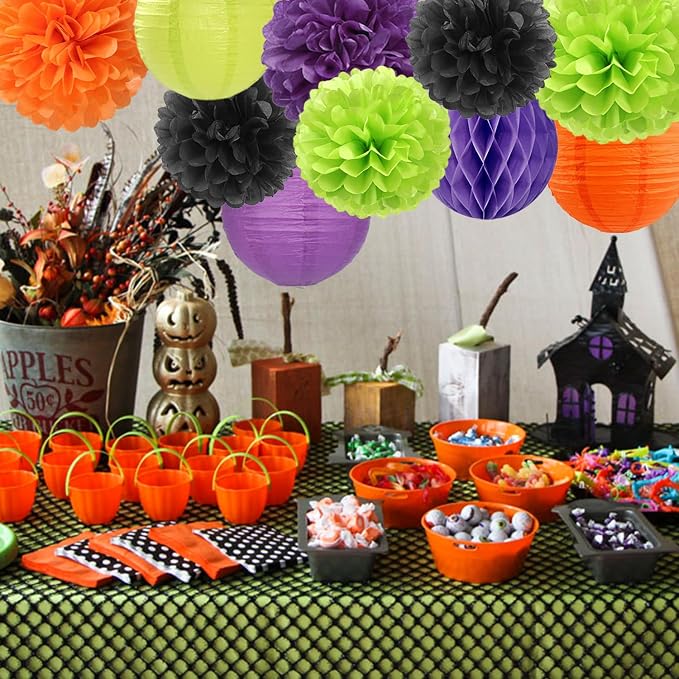Orange Black Green Purple Paper Flowers Tissue Pom Poms Honeycomb Lanterns 15pcs Party Decorations Halloween Birthday Wedding Baby Bridal Shower Bachelorette Hanging Supplies Mprocherify