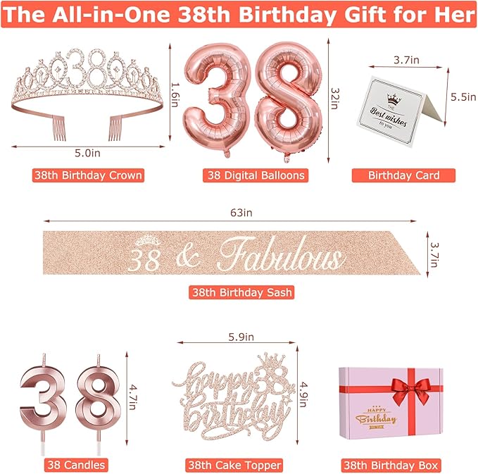 38th Birthday Decorations for Women, Including 38th Birthday Sash and Tiara, Cake Topper and Candles, Number Balloons, 38 Year Old Gifts for Women