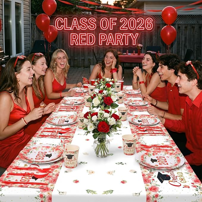 Funnymoom 452 Pcs 2026 Red Floral Graduation Decoration for 50, Class of 2026 Red White Gold Grad Paper Plates Napkins Cups Tablecloth Cutlery Straws for College School Congrats Grad Party Supplies