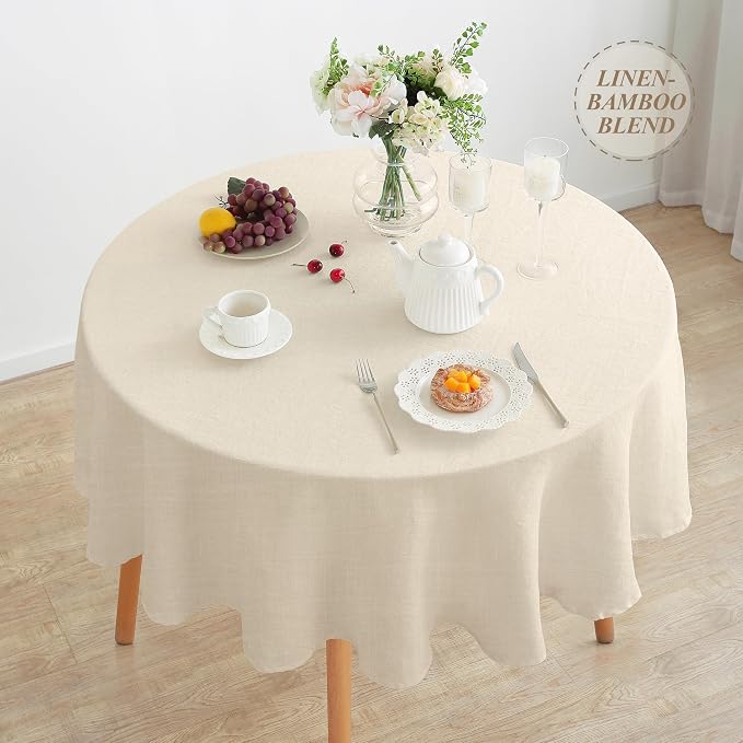 Linen World Round Linen Blend Tablecloth 90" Inch,Linen Loook Soft Cool & Breathable,Machine Washable Natural Table Cloth for Dining, Kitchen, Outdoor, Easter-Sand Beige