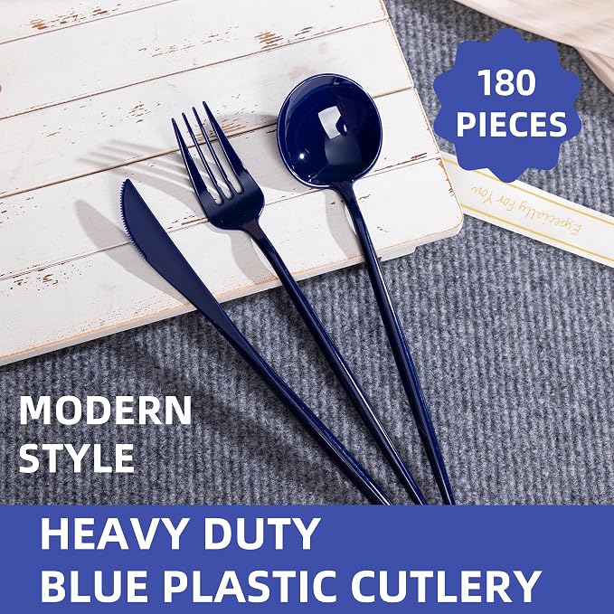 180PCS Blue Plastic Silverware,Heavy Duty Disposable Utensils Include 60 Forks,60 Spoons and 60 Knives,Blue Cutlery Plastic Silverware Sets for Party, Wedding or Daily Using