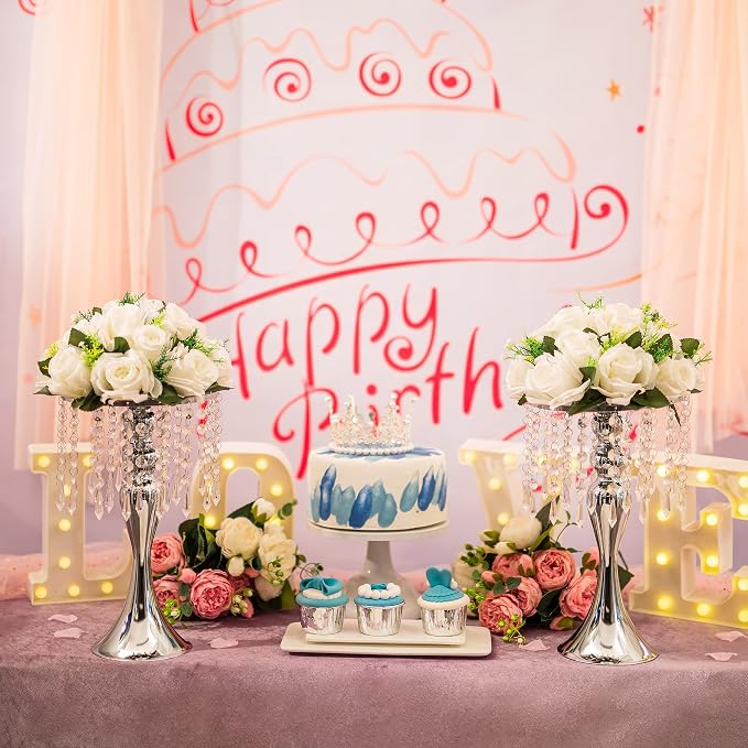 Silver Vase Stand Table: 13.8in Wedding Centerpieces, Set of 2 | High End Crystal Design Vase Stand for Wedding Party Reception Birthday Event Home, Tall Table Center Piece