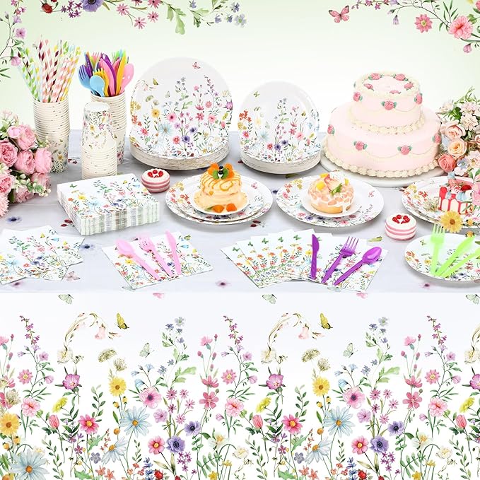 Funnymoom 452 Pcs Wildflower Party Supplies Include Spring Floral Disposable Paper Plates Napkins Cups Tablecloth and Cutlery Straws for Wedding Garden Tea Party Decoration Bridal Shower Baby Shower