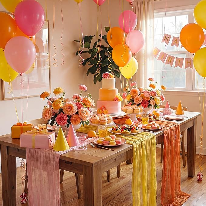 6 Pcs Pink Orange Yellow Cheesecloth Table Runner Summer Boho Gauze Cheese Cloth Runner 118" Rustic Table Decor for Hippie Retro Boho Wedding Baby Shower Birthday Party Home Arbor Decorations