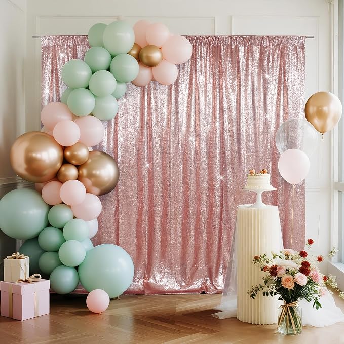 SquarePie 7x7ft Rose Gold Sequin Backdrop for Photography, Satin-Backed Real Sequin Curtain, Enhanced Coverage Shimmering Background with 4" Rod Pocket for Wedding, Birthday, Party Decor, 1 Panel