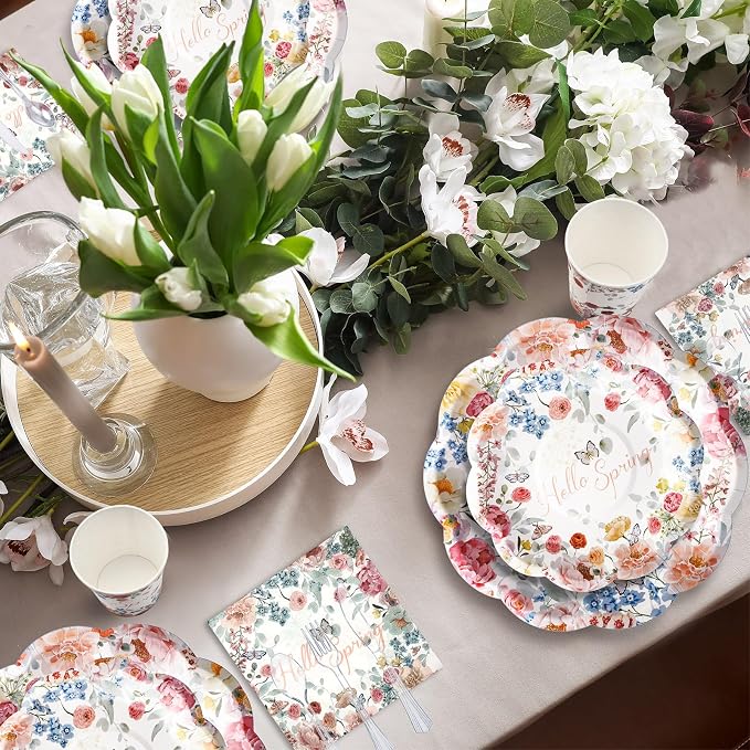 Havawish 350 Pcs Spring Mother Day Party Supplies Hello Spring Disposable Wildflower Plates and Napkins Tableware Sets Serves 50 Guests for Baby Shower Birthday Wedding Party Decorations
