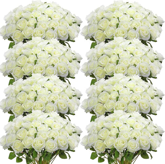Hotop 120 Pcs Roses Artificial Flowers in Bulk,Long Stem Artificial Flower Bouquet,Silk Real Lifelike Fake Rose for Wedding Party Table Centerpieces Decor Valentines Gifts(White)