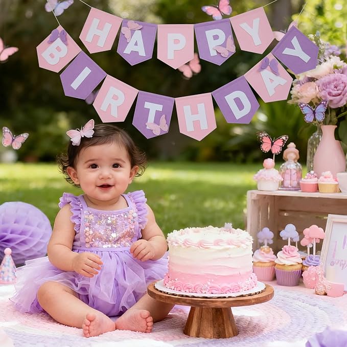 Felt Purple Pink Happy Birthday Banner Birthday Decorations for Women Girls Boys Men Pets Handmade Party Backdrop
