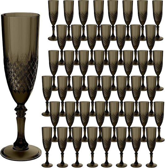 Plastic Champagne Flutes, Champagne Glasses Bulk, Reusable Unbreakable Acrylic Wine Glasses Goblets for Weddings Bachelor Parties Toasting Bridal Shower (48, Black)