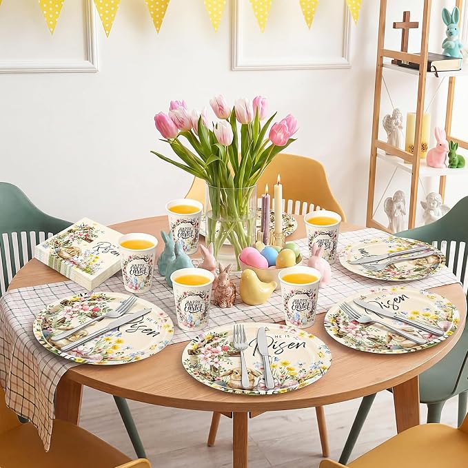 Vesici 150 Pcs Easter Cross Paper Plates and Napkins Set-serves 50, 10'' x 12'' Large Bunny Flower Tableware Disposable Primary Cross Paper Plates Cups Napkin for Spring Easter Birthday Party Supplies