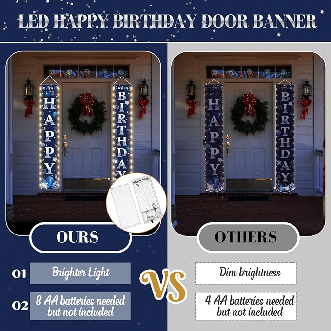 Breling Happy Birthday Banner with Lights 71 x 12 Inch LED Happy Birthday Decoration Door Banner Party Porch Sign Outdoor Indoor Hanging Supplies for Women Men(Blue Silver)