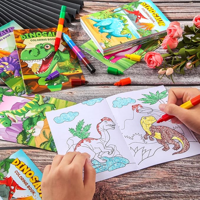 BenLouis 24 Dinosaur Mini Coloring Books Kids with 24 Stacking Crayons Dino Birthday Party Favors Activity Books Bulk for Kids Jurassic Goodie Bag Gift Stuffer Classroom Reward