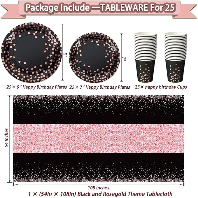 Guudmua 295 Pcs Black And Rose Gold Birthday Decorations, Birthday Decorations for Women or Girl Kit- Disposable Dinnerware Set with 25 Guest, Balloons, Sash, Tiara, Banner, Paper Pom Poms