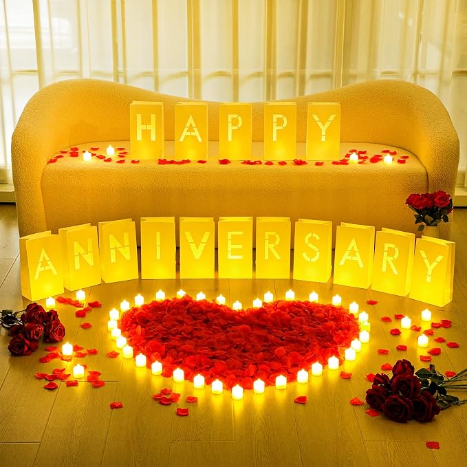 Aurelema 6088 Pcs Happy Anniversary Light up Letters with LED Flameless Tealight Candle Red Rose Petal Letter Luminary Paper Bag for Valentine's Day Decorations Proposal Romantic Special Night Decor