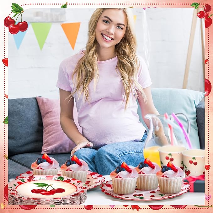 Domensi 250 Pcs Baby Shower Decorations for Girls Cherry Bridal Shower Party Supplies Paper Plates Napkins Cups Tableware Set for 50 Guests She's the Cherry on Top Birthday Party Supplies for Wedding