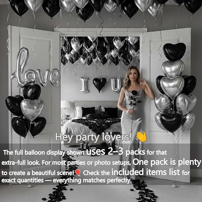I Love You Balloons for Him/Her Balloons Black and silver romantic balloon kit with heart LOVE mylar balloons Black rose petals for hotel Dec orations Valentines Party wedding anniversary supplies