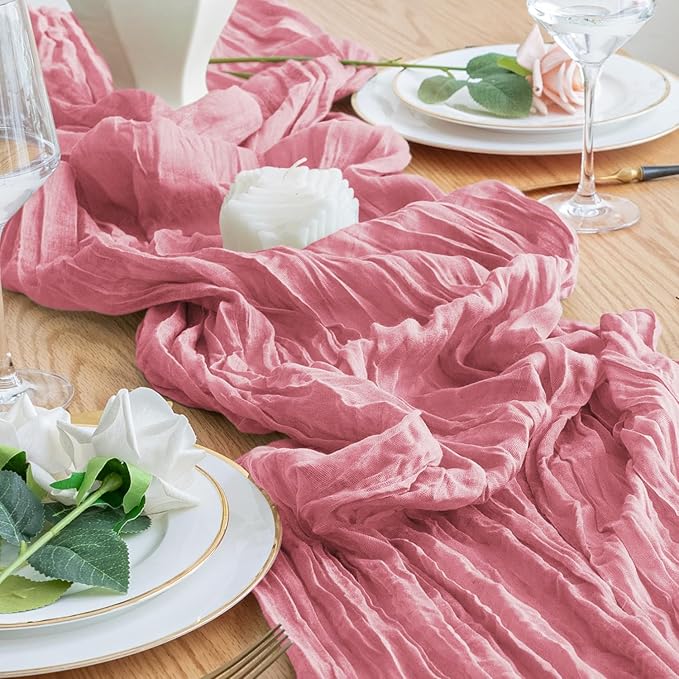 3PCS Table Runner Cheesecloth 10FT Dusty Rose Boho Gauze Cheese Cloth Rustic Sheer Table Runners for Wedding Birthday Bridal Baby Shower Party Decoration