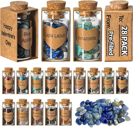 28 Pack Prefilled Valentines Day Gifts for Kids - Crystal Gemstone Chip Bottles and Valentines Day Cards for Kids School Classroom Class Exchange Boys Girls Bulk Prizes Party Favors