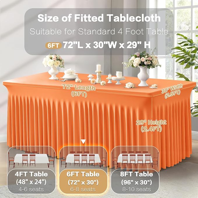 Shillance 2 Packs Orange Spandex Tableclothes for 6 Foot Rectangle Table, Spandex Table Covers 6FT Stretch Table Skirts Rectangle Wrinkle Free Fitted Tablecover for Event, Wedding, Banquet & Parties