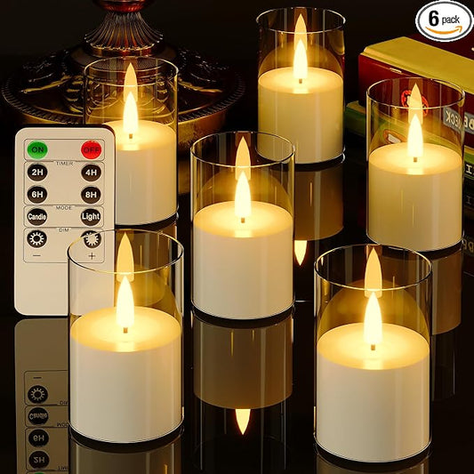 VIODAIM 6Pack Flickering Flameless LED Candles with Remote & Timer, Battery Powered - Small Pillar & Votive, Clear (2"X3")