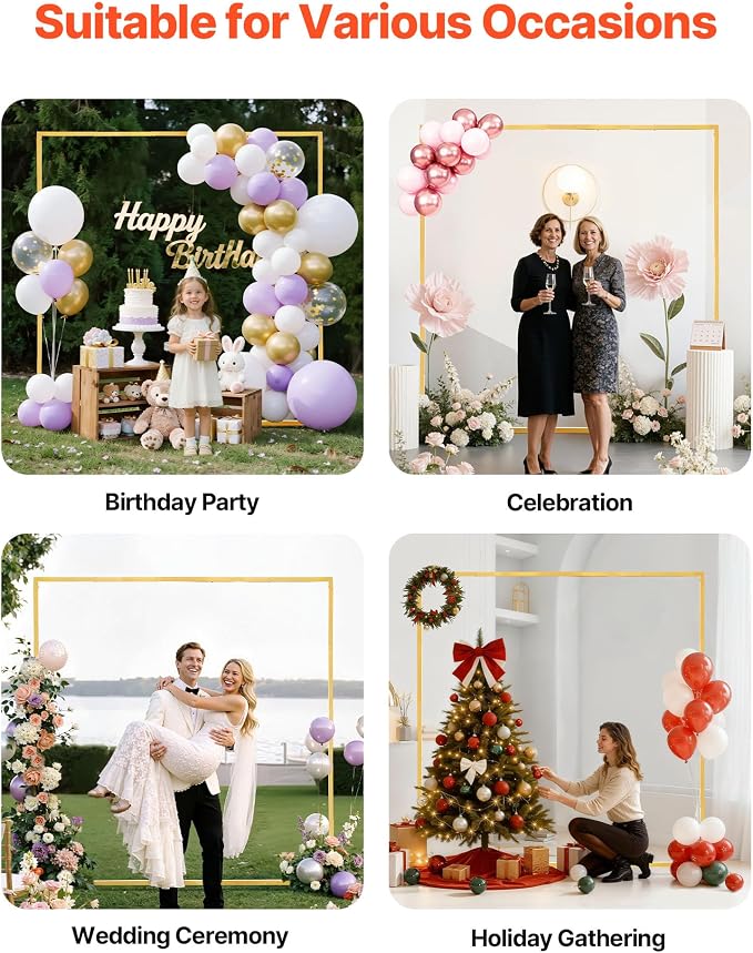 VEVOR Arch Backdrop Stand, 6.6 x 6.6 ft, Stable Structure, Easy Assembly, Square Gold Metal Arch Backdrop Stand for Wedding, Birthday Party, Graduation, Holiday Celebration, and Ceremony Decoration