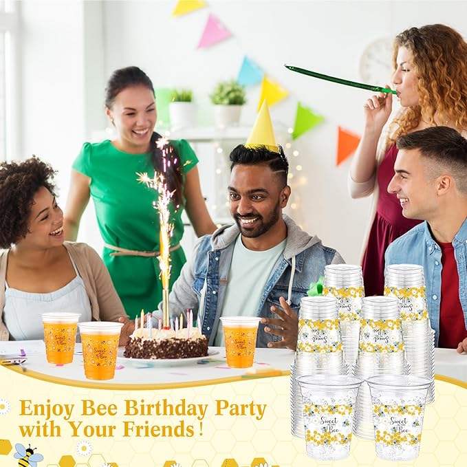 Funnymoom 60 Pack Bee Theme Cup 12 oz Honeycomb Disposable Clear Plastic Drinking Cups Bulk for Bee Day Birthday Baby Shower Party Decorations Favors