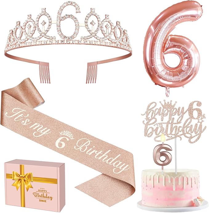 6th Birthday Decorations for Girls, Including 6th Birthday Sash and Tiara, Cake Topper and Candle, Number Balloon, 6 Year Old Girl Gifts