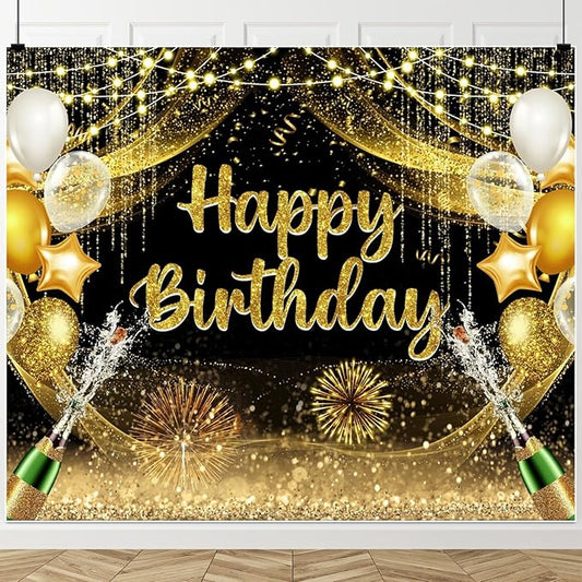 ChloropLastid Happy Birthday Backdrop 10x8ft Black and Gold Vinyl Birthday Photography Background Banner for Party Decoration Supplies