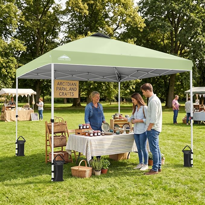 EAGLE PEAK Pop Up Canopy Tent with Wheeled Carry Bag, 8 Stakes, 4 Ropes, 4 Weight Bags, Easy Set Up Tent Canopy, 10x10 ft, 100sqft of Shade, Smoke Green