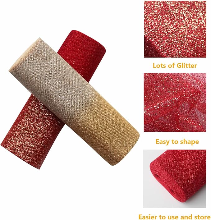 4 Colors Fabric Tulle 11.8 Inch by 15 Yards Sparkle Fabric Ribbon for Christmas Gift Wrapping DIY Tutu Skirt Sewing Bow Wedding Decorations Craft Supplies