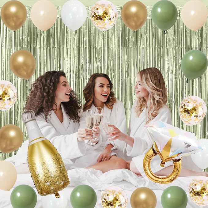 Trgowaul Green Gold Engagement Party Decorations, Happy Engagement Banner Backdrop, Bride&Groom Sash for Bridal Shower, Ring Foil Balloon, Just Engaged Cake Topper Wedding Shower Decor