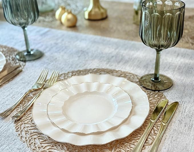 " OCCASIONS " 60 Plates Pack (30 Guests)-Heavyweight Wedding Party Disposable Plastic Plate Set -30 x 10.25'' Dinner + 30 x 7.5'' Salad/dessert plates (Bloom Ivory & Gold)