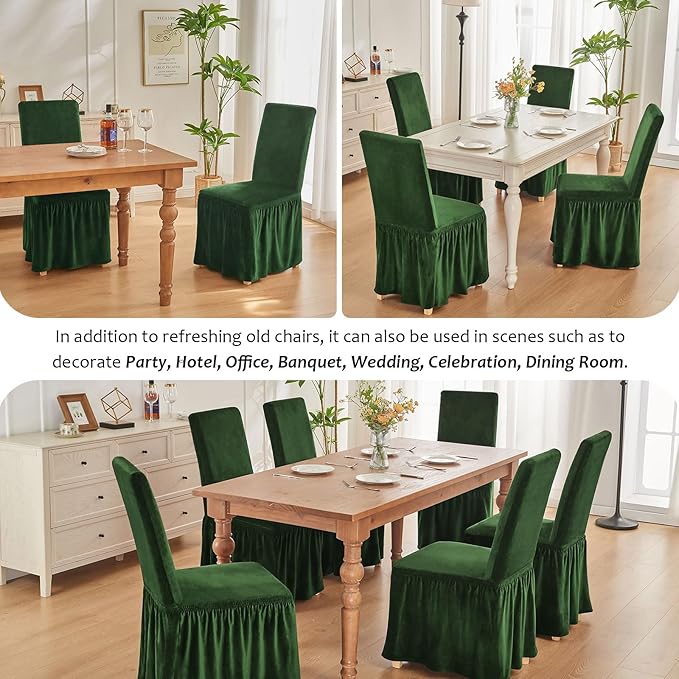 NICEEC Spandex Chair Covers for Dining Chairs Covers Set of 6 Removable Dining Room Chair Covers with Skirt Parson Chair Slipcovers Washable Chair Protector for Kitchen Wedding Party Banquet(Green)