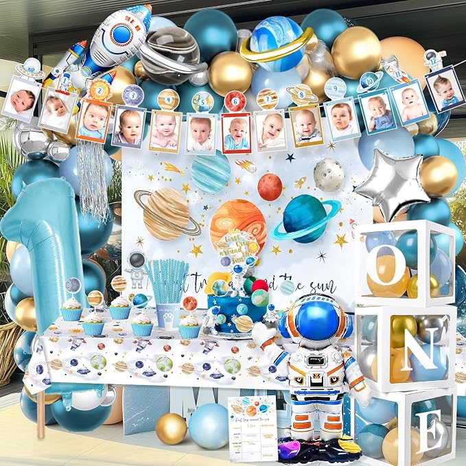MOVINPE First Trip Around The Sun Birthday Party Decorations for Boy, Baby Boy 1st Birthday Party Supplies Outer Space Theme Birthday Decor, Solar System Astronaut Rocket Balloons Backdrop Party Decor