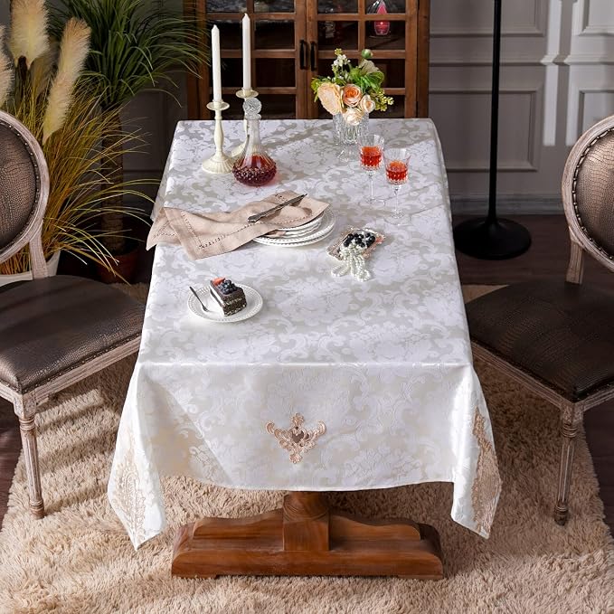 ARTABLE Jacquard Lace Tablecloth Rectangle Fabric Embroidery Table Cloth Vintage Farmhouse Rustic Table Cover for Home Kitchen Wedding Outdoor Indoor Party Decor (Cream, 52 x 70 Inch)
