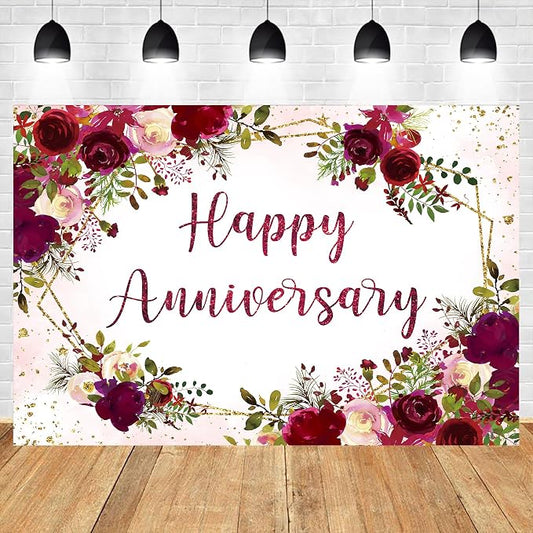 Happy Anniversary Backdrop 5Wx3H Feet Polyester Fabric Elegant Burgundy Flower Rose Floral Plant Botanical Decoration Green Leaves Gold Glitter Photography Background Photo Shoot Props