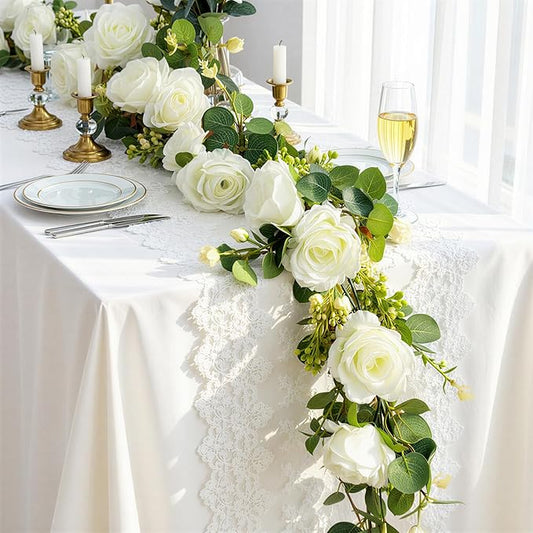 Lewondr Artificial Eucalyptus Garland with Flower, 2Pack 13FT Faux Floral Greenery Garlands Fake Flowers Vines, Maintenance-Free for Wedding Table Backdrop Party Centerpiece Room Decor, White