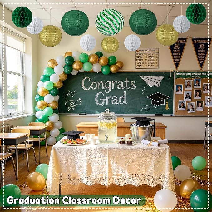 Green and Gold Party Decorations - 16Pcs Hanging Green White and Gold Paper Lanterns & Honeycomb Balls for Graduation Decorations 2026, Birthday, Baby Shower & Wedding Party Supplies