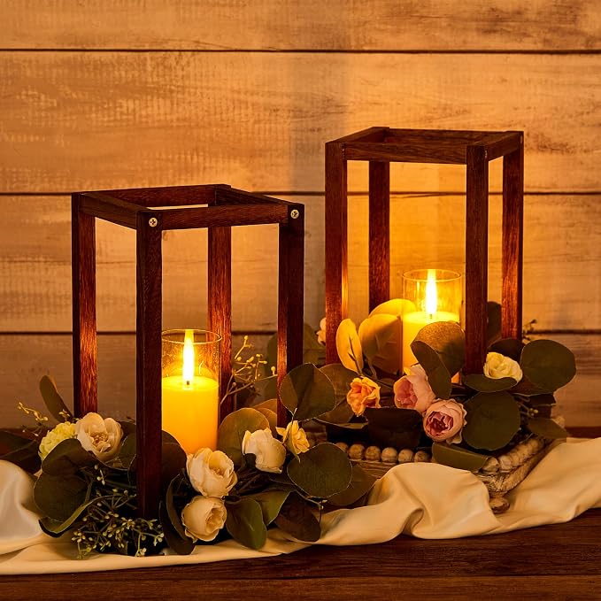 Sabary 10 Sets/ 20 Pcs Wooden Lantern Candle Holders with Candles for Wedding Decoration Vintage Table Centerpiece Farmhouse Rustic Candle Lantern for Indoor Fireplace Dining Party Decor (Caramel)