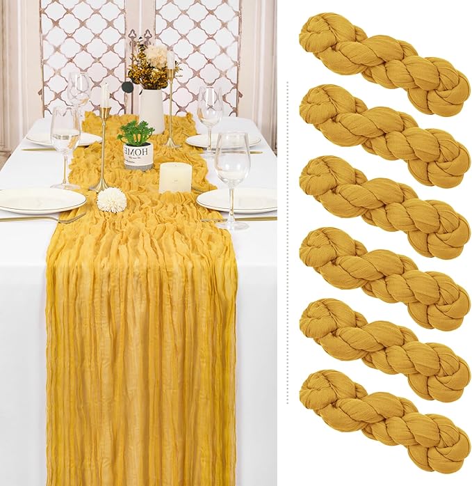 Showgeous 6 Pack Mustard Cheesecloth Table Runner Gauze Table Runner 10FT Long Semi-Sheer Table Runner Boho or Rustic Wedding Table Decor for Wedding Decor Arch Draping Bridal Shower Holiday Party