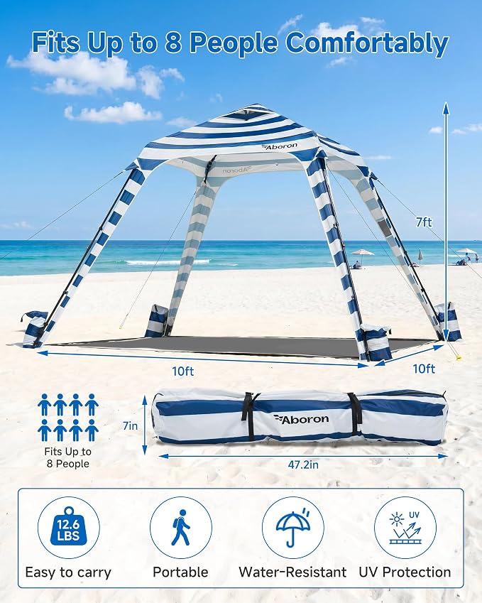 Slsy Beach Tent 10 x 10 FT, Beach Shelter with Removable Side Wall, UPF 50+ Sun Protection Canopy Cabana, Easy Setup Shade with Sandbags, Stakes & Guy Lines, Wind Resistant, Fits 6 People