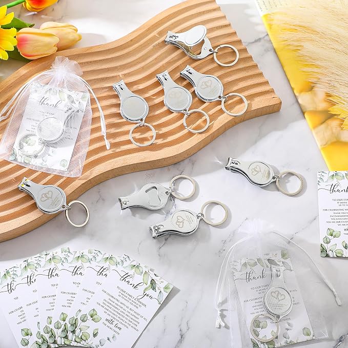 Fulmoon Wedding Multi Function Bottle Opener Nail Clipper Wedding Favors Brewery Cards White Organza Bags for Party Supplies Gift Souvenir Guests Men Women(100 Sets)