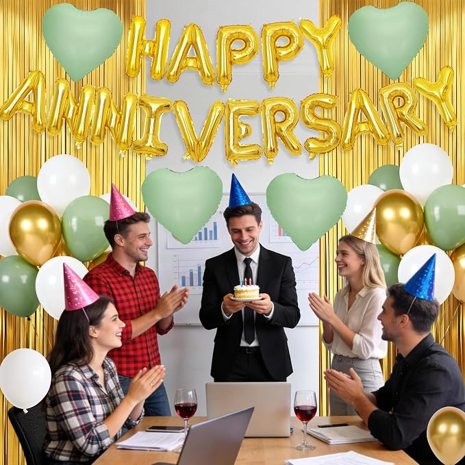 Anniversary Decorations Green Gold,Happy Anniversary Balloon Banner with Heart Foil Balloons Fringe Curtain for Wedding Party Valentine's Day Romantic Night Surprise