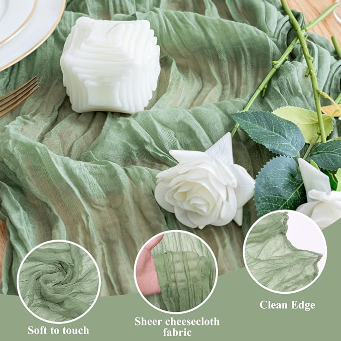 Wokceer Sage Green Cheesecloth Table Runner 10FT Boho Gauze Spring Easter Table Runner Cheese Cloth for Party Wedding Long Rustic Sheer Runners for Baby Bridal Shower