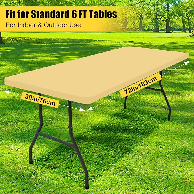 Smiry 6 Pack Rectangle Picnic Table Cloth, Waterproof Elastic Fitted Tablecloths, Washable Polyester Rectangular Patio Table Cover for Camping, Indoor and Outdoor (Light Camel, 30"x72")