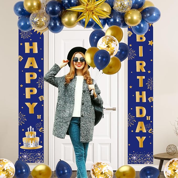 Black and Gold Birthday Decorations for Men Women, Happy Birthday Decorations Gold and Black Party Decoration Kit, Happy Birthday Banner Balloons Tablecover Fringe Curtain Swirls, Mens Man Bday Decor