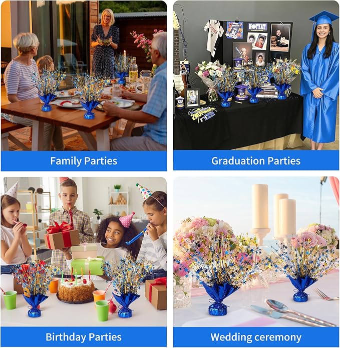Metallic Star Spray Centerpieces 8 pack for Tables - Bulk 12.4" Foil Fountain Table Decorations for Large Events, Graduation 2026, Wedding Reception (Golden Blue Blend)
